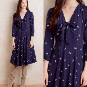 Anthropologie 11 Tylho Floral Tie Navy Blue Knee Length Midi Dress Small